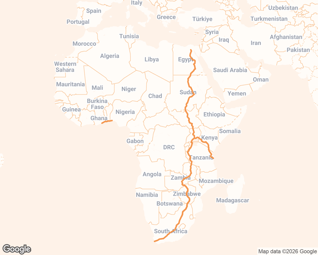 Map of Jarida's active freight corridors across Africa